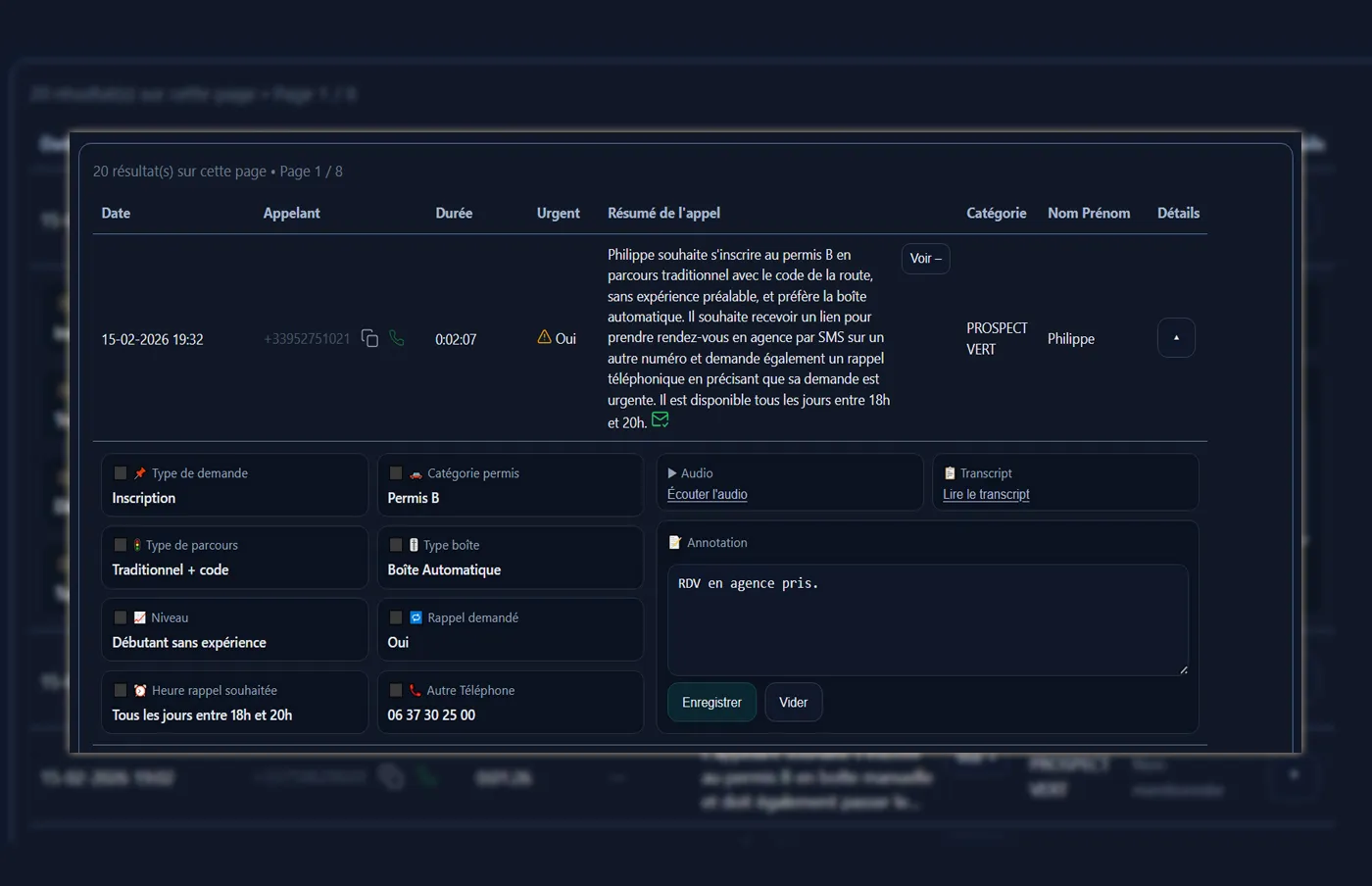 Exemple parcours d’appel auto-école