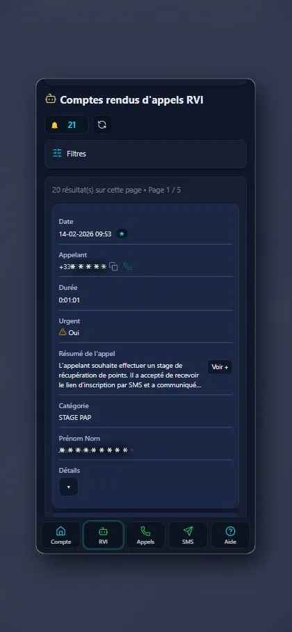 Journal d’appels — actions rapides
